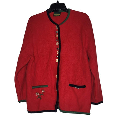 Geiger Tyrolean Sz 42 Austria Cardigan Felted red Wool Jacket Buttons Embroidery