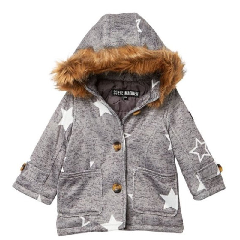 Steve Madden Faux Fur Trim Star Print Coat Heather Gray Baby Girl's 12 Months