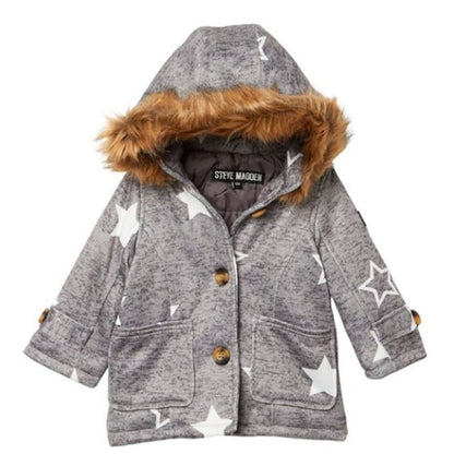 Steve Madden Faux Fur Trim Star Print Coat Heather Gray Baby Girl's 12 Months