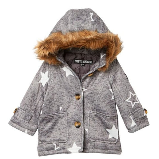 Steve Madden Faux Fur Trim Star Print Coat Heather Gray Baby Girl's 12 Months