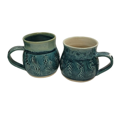 Pair Handmade art pottery mug 2 cups green coffee tea Blue etched design Signed