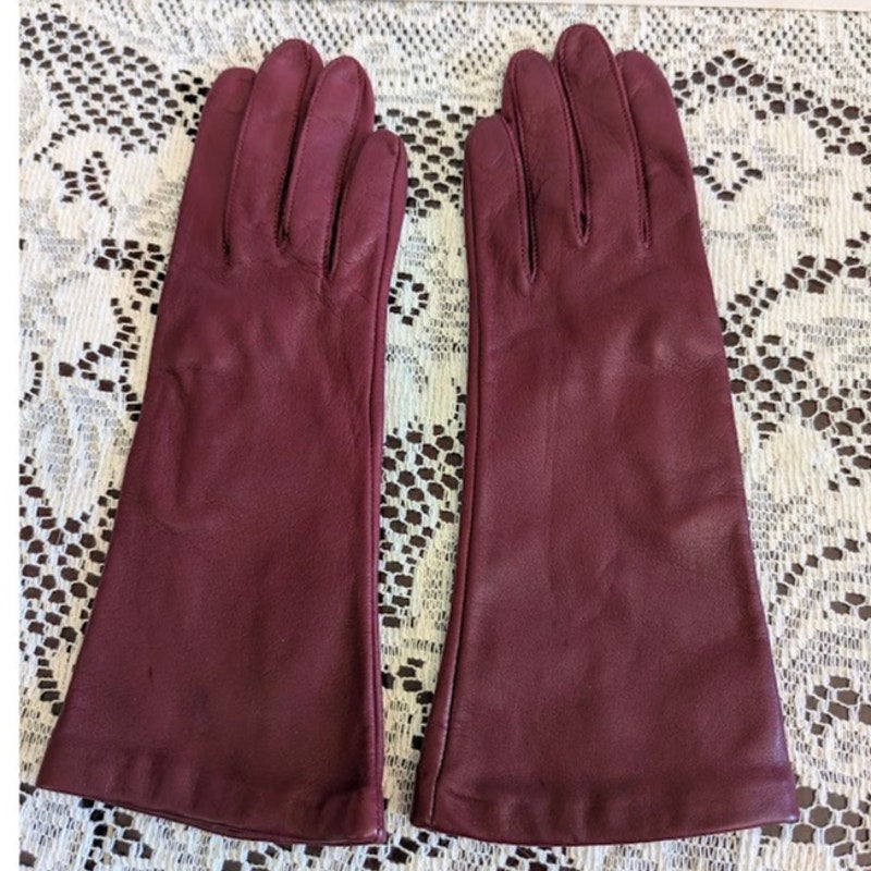 Vintage Burgundy Leather Gloves Mid-Length Small Medium Old Money Vampy Glamour
