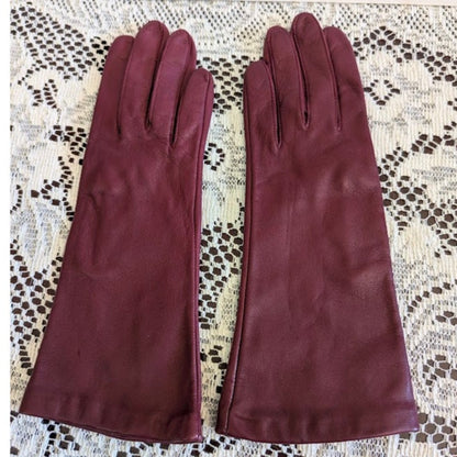 Vintage Burgundy Leather Gloves Mid-Length Small Medium Old Money Vampy Glamour