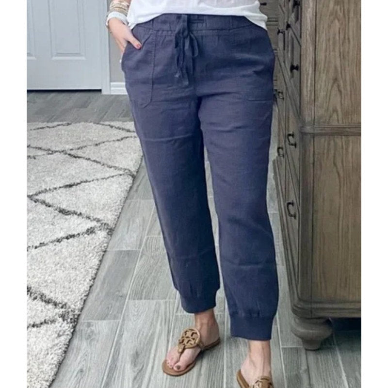 NEW Caslon Linen Joggers Pockets Navy Blue drawstring waist ankle cuff Medium