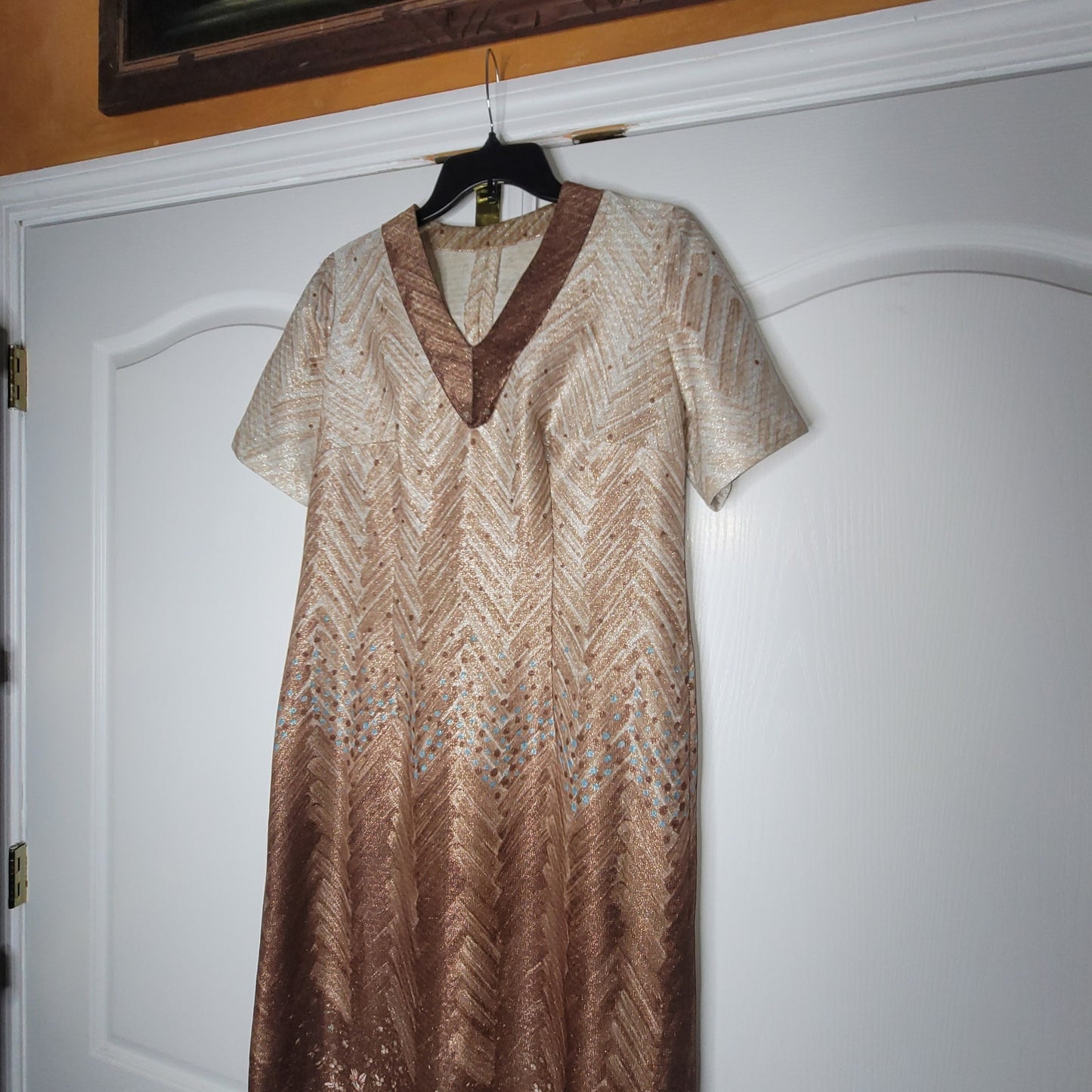 Vintage Handmade Brown Ombre Metallic Chevron Maxi Dress Extra Large XL 1970s