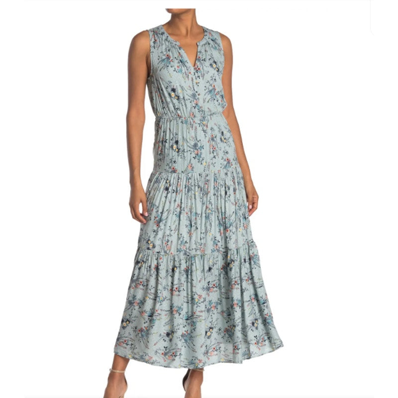 DR2 by Daniel Rainn Floral SMALL Tiered Maxi Dress blue/ green Sleeveless Summer