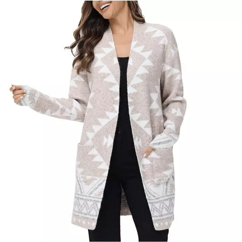 Frye Ladies' tribal geometrric Patterned Cardigan Sweater NEW Medium Tan Cream