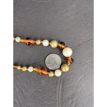 Vintage Multi Strand Amber & Pearl Bead Necklace Mid-Century Statement Jewelry