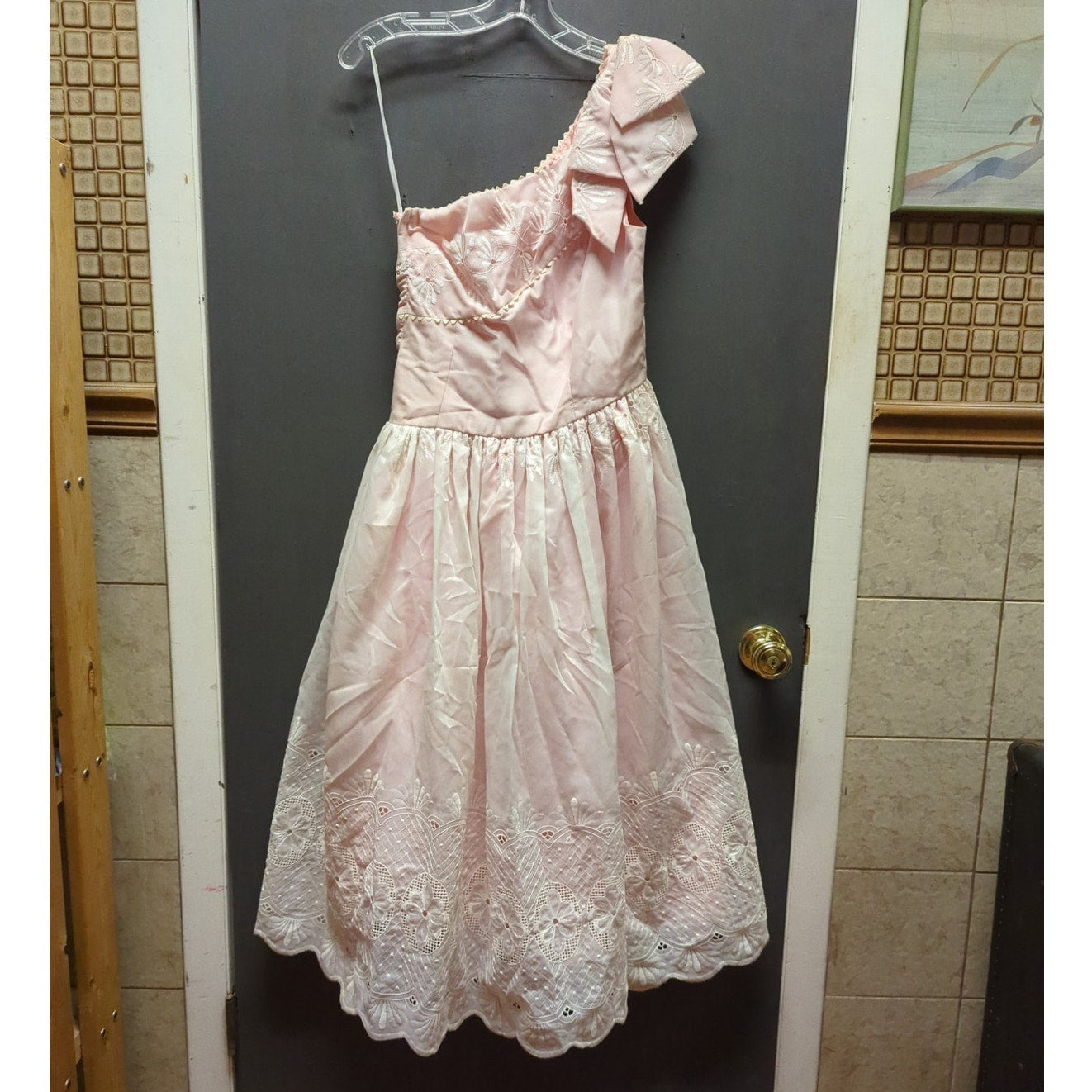 Vintage Joy Stevens One-Shoulder Eyelet Dress Small/Medium Retro Prom Glam