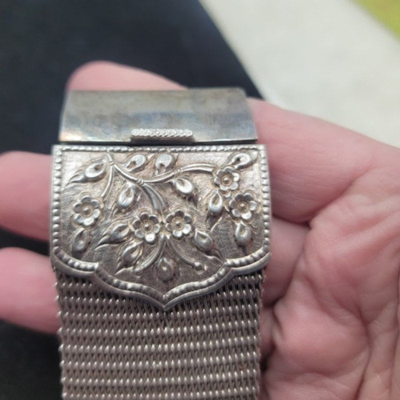 Vintage 925 Wide Mesh Statement Cuff Art Nouveau Floral Relief Artisan Repousse'