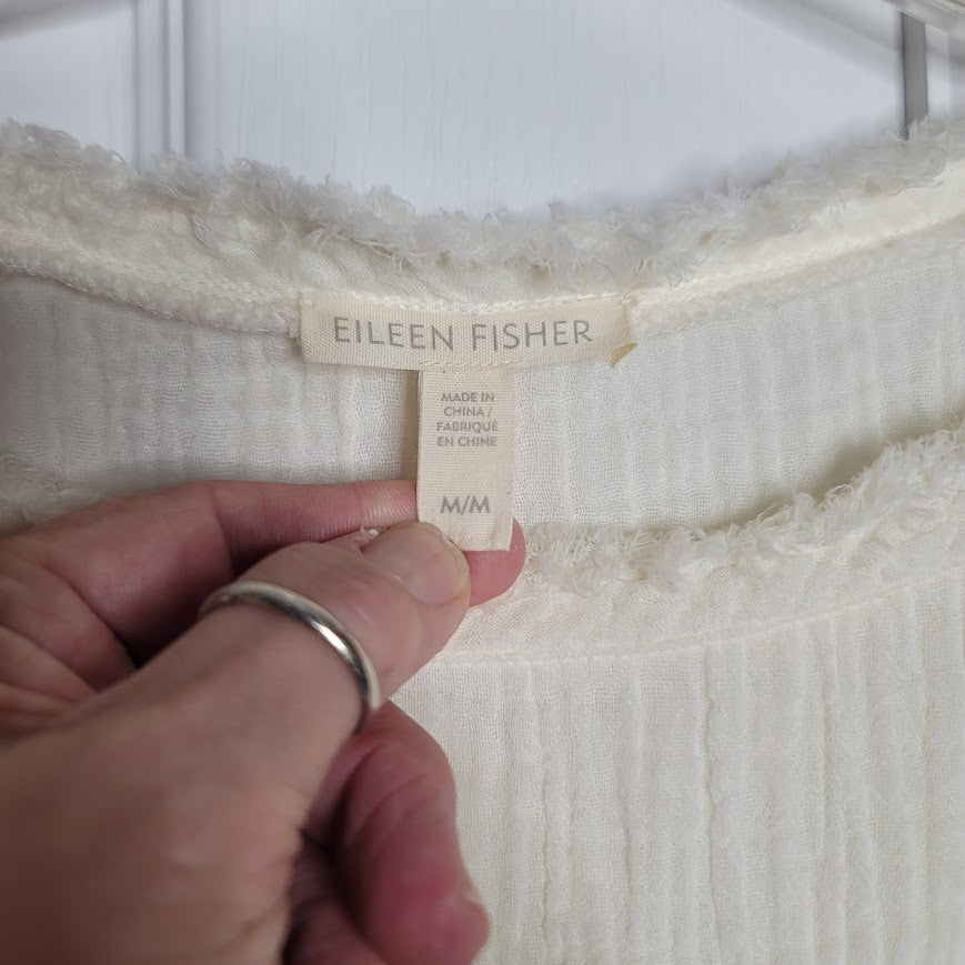 Eileen Fisher Gauze Medium Organic Cotton Raw edge textured Cream blouse top
