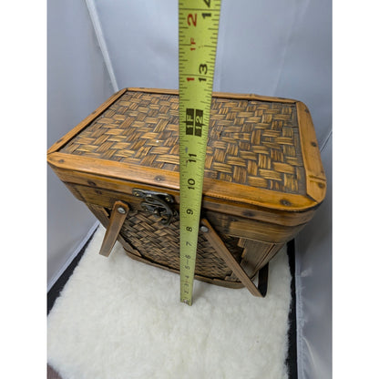Vintage Bamboo Rattan Box Purse Top Handle Woven Sewing Basket Lunch Pail 70's
