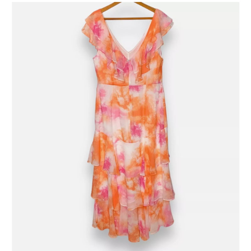 WAYF women's Passion tie dye Chelsea ruffle trim tiered chiffon maxi dress SZ XL