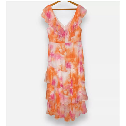 WAYF women's Passion tie dye Chelsea ruffle trim tiered chiffon maxi dress SZ XL
