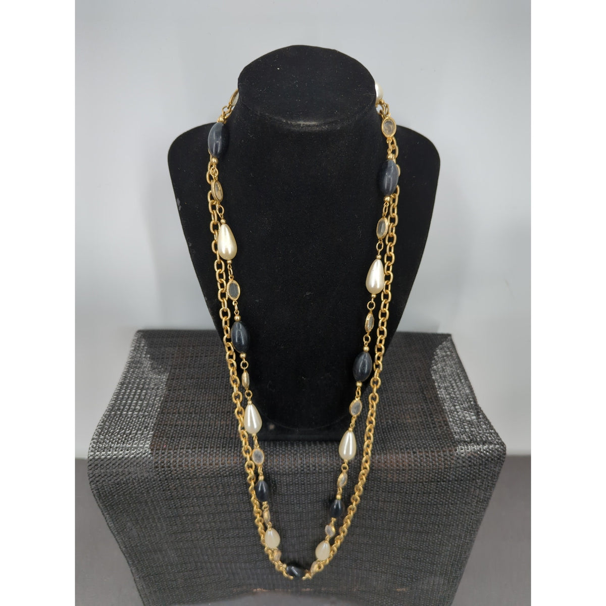 Vintage Premier Designs Multi-Strand Faux Pearl & Onyx Necklace 18"