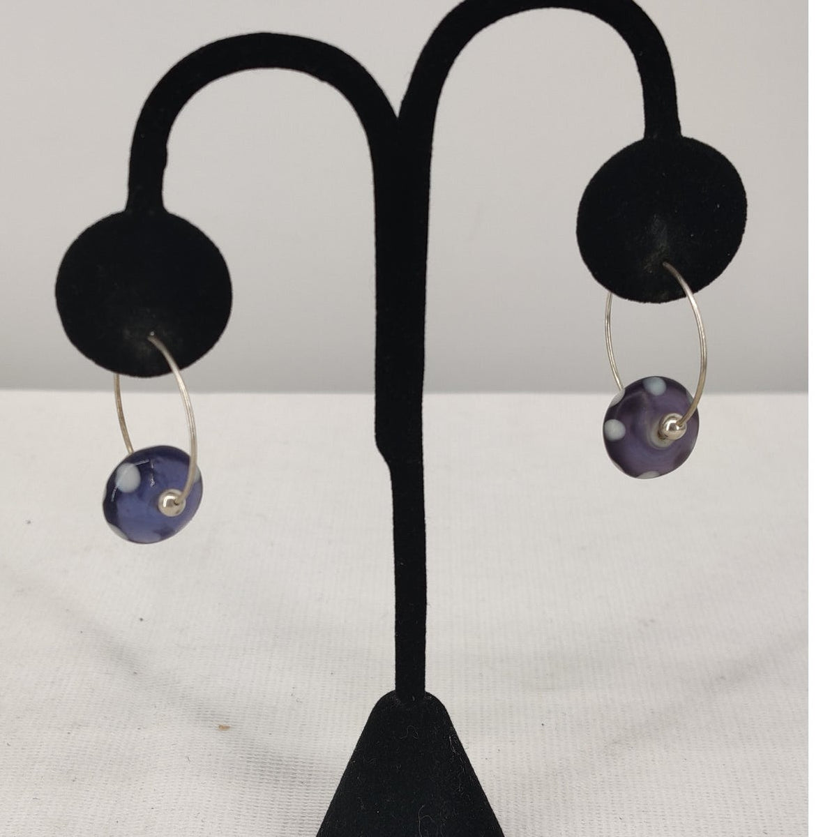 Vintage Purple Polka Dot Murano Style Art Glass Discs Hoop Earrings