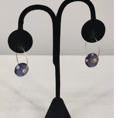 Vintage Purple Polka Dot Murano Style Art Glass Discs Hoop Earrings