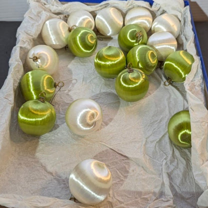 Vintage Spun Silk/ Satin Thread Christmas Ornaments Lot 18 Green & White MCM