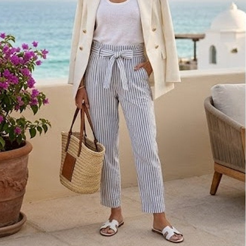 Antonio Melani Striped Paperbag Pants Tie Waist Coastal Preppy NWT Clear Skies 4