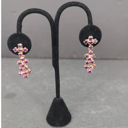 Vintage Gold Tone Purple Rhinestone Cross Dangle Earrings Screw Back Retro 1960s