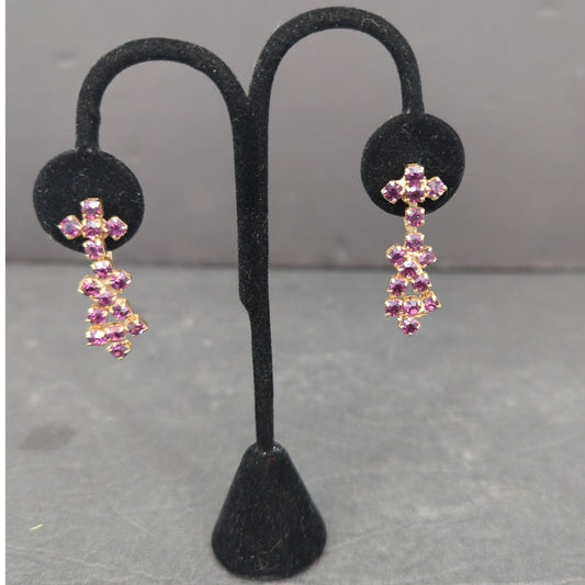 Vintage Gold Tone Purple Rhinestone Cross Dangle Earrings Screw Back Retro 1960s