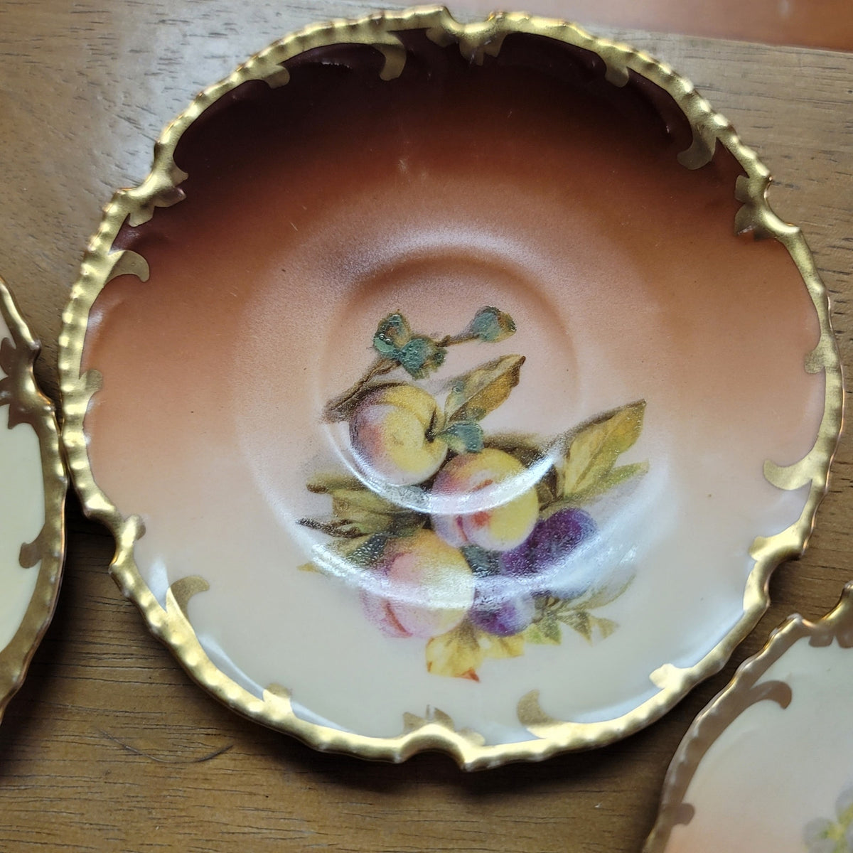 Set of 5 Bavarian handpainted saucer plates 5" Fruit gold trim