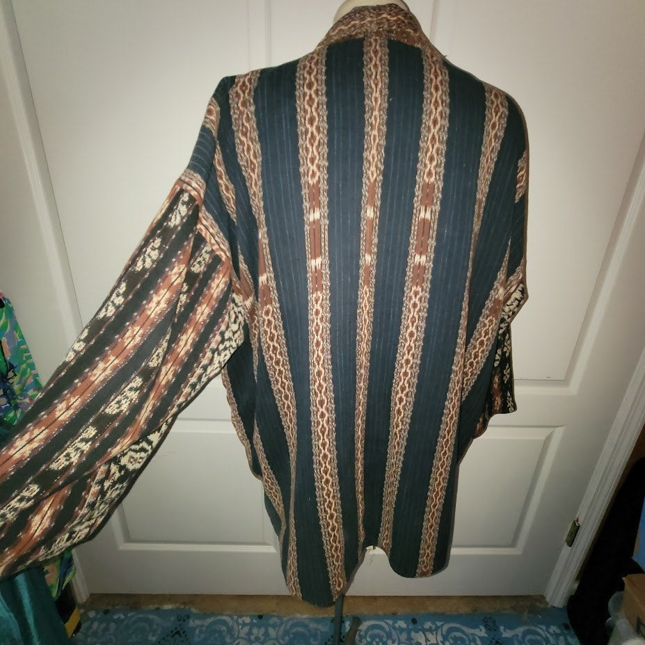 Vintage Reversible Open Front Jacket XL Tribal Stripe Art to Wear Boho Kimono
