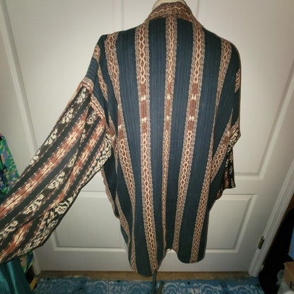 Vintage Reversible Open Front Jacket XL Tribal Stripe Art to Wear Boho Kimono