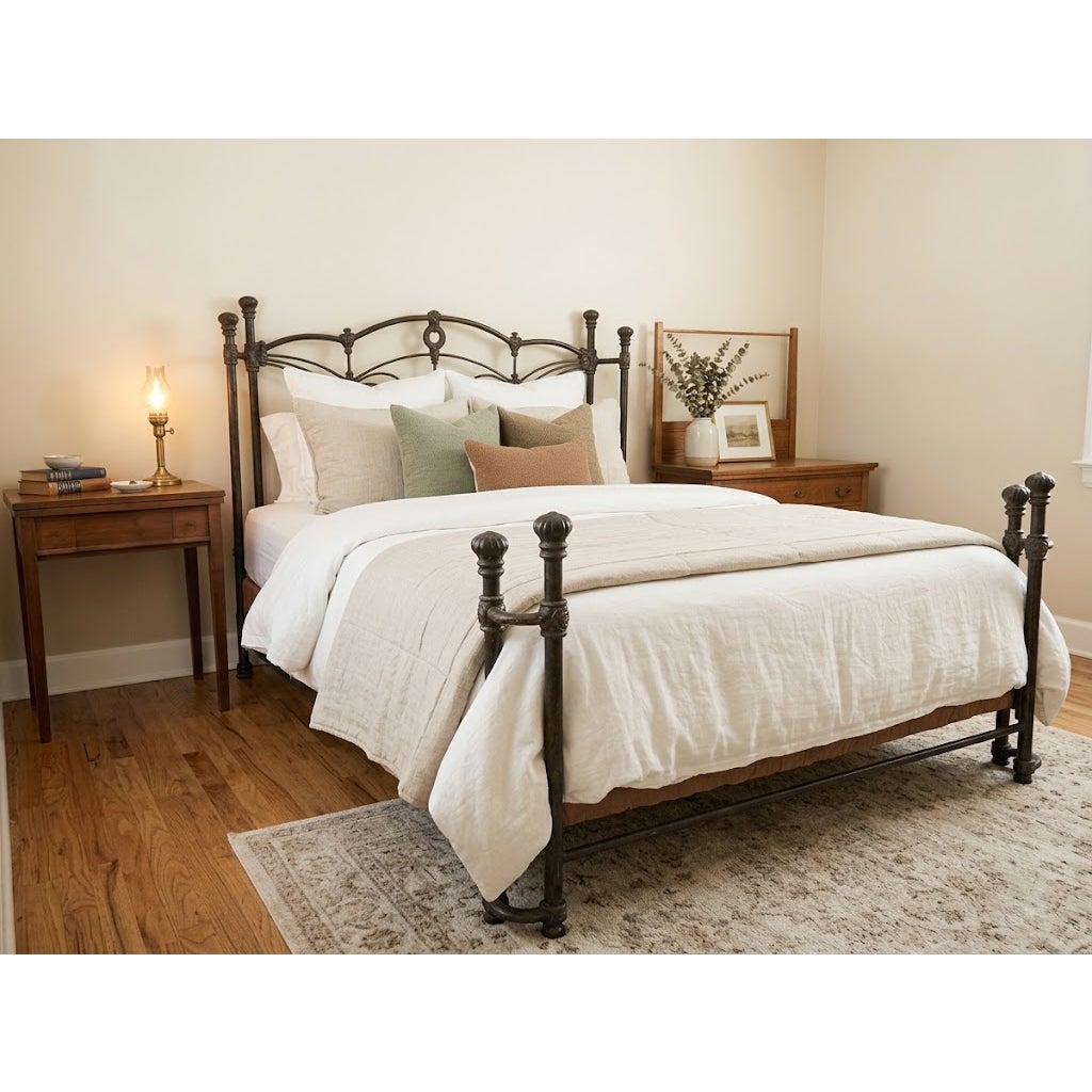 SECONDHAND SANDIES: Heavy curved leg Queen Iron Ornate Bed Frame