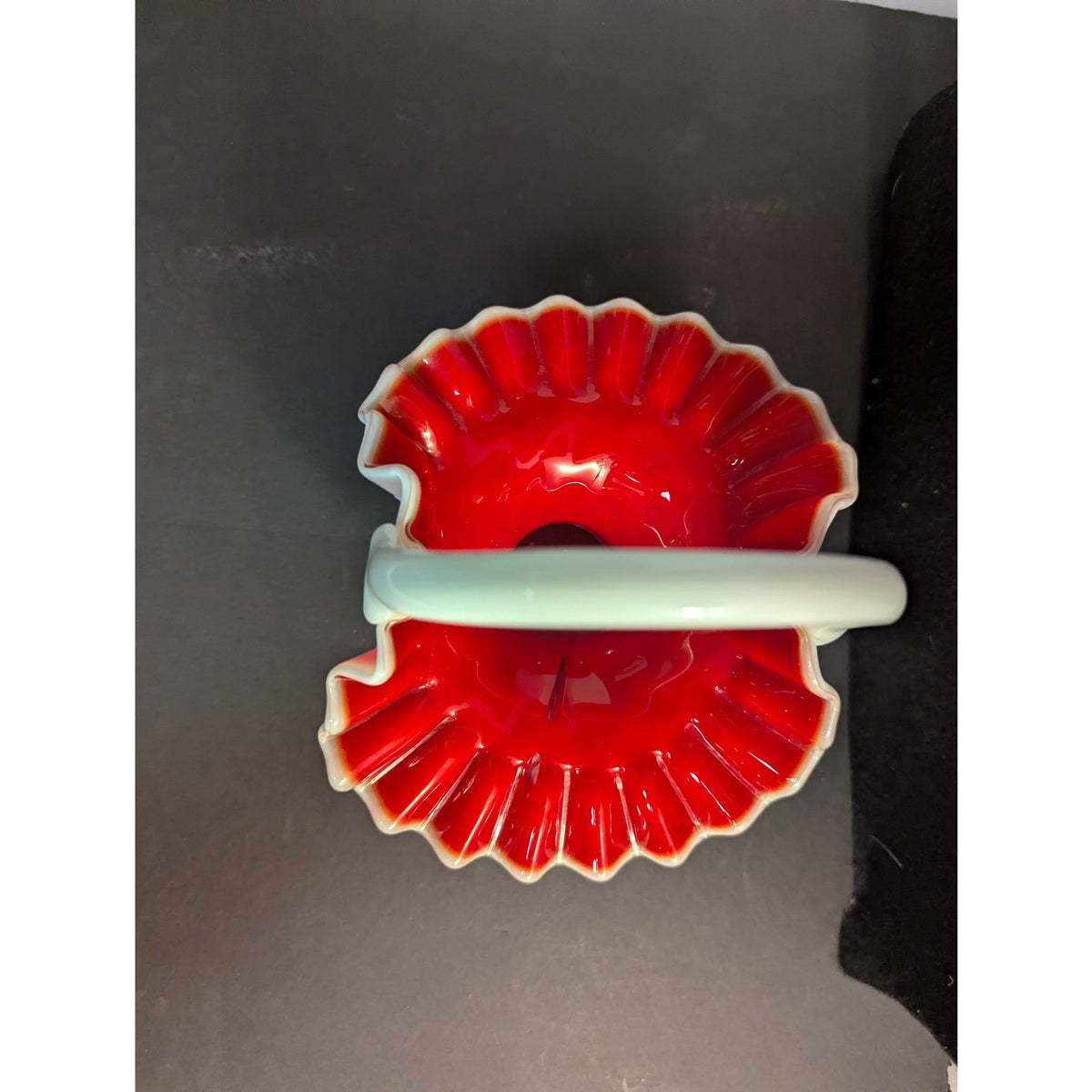 Vintage Fenton Ruby Overlay Diamond Optic Ruffled Glass Basket Centerpiece