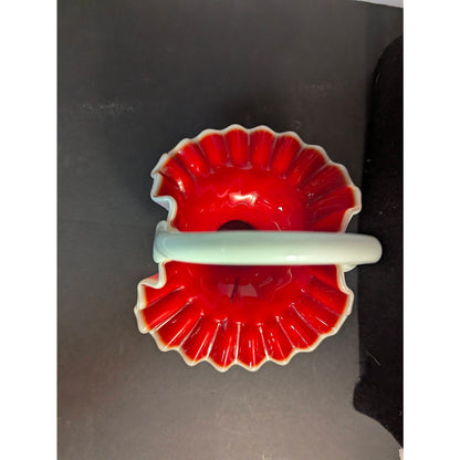 Vintage Fenton Ruby Overlay Diamond Optic Ruffled Glass Basket Centerpiece