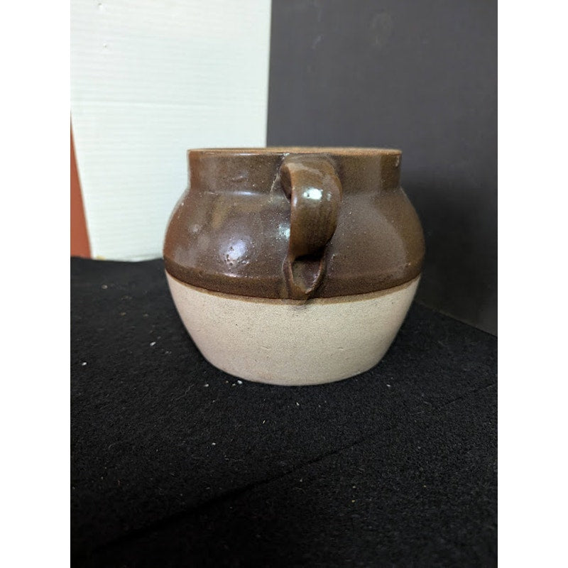 Vintage Stoneware Bean pot stews glazed finish handle brown cream 1 Quart