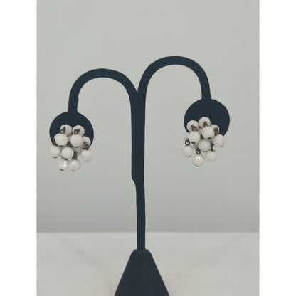 Vintage Milk Glass Cluster Screw Back Earrings Mid-Century Retro Bridal Jewelry
