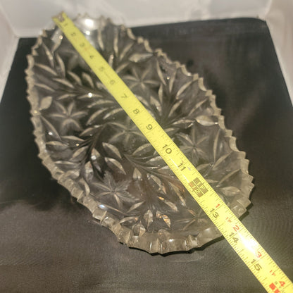 VINTAGE Large Clear Cut Glass Crystal Oval Serving Platter Starburst Pattern