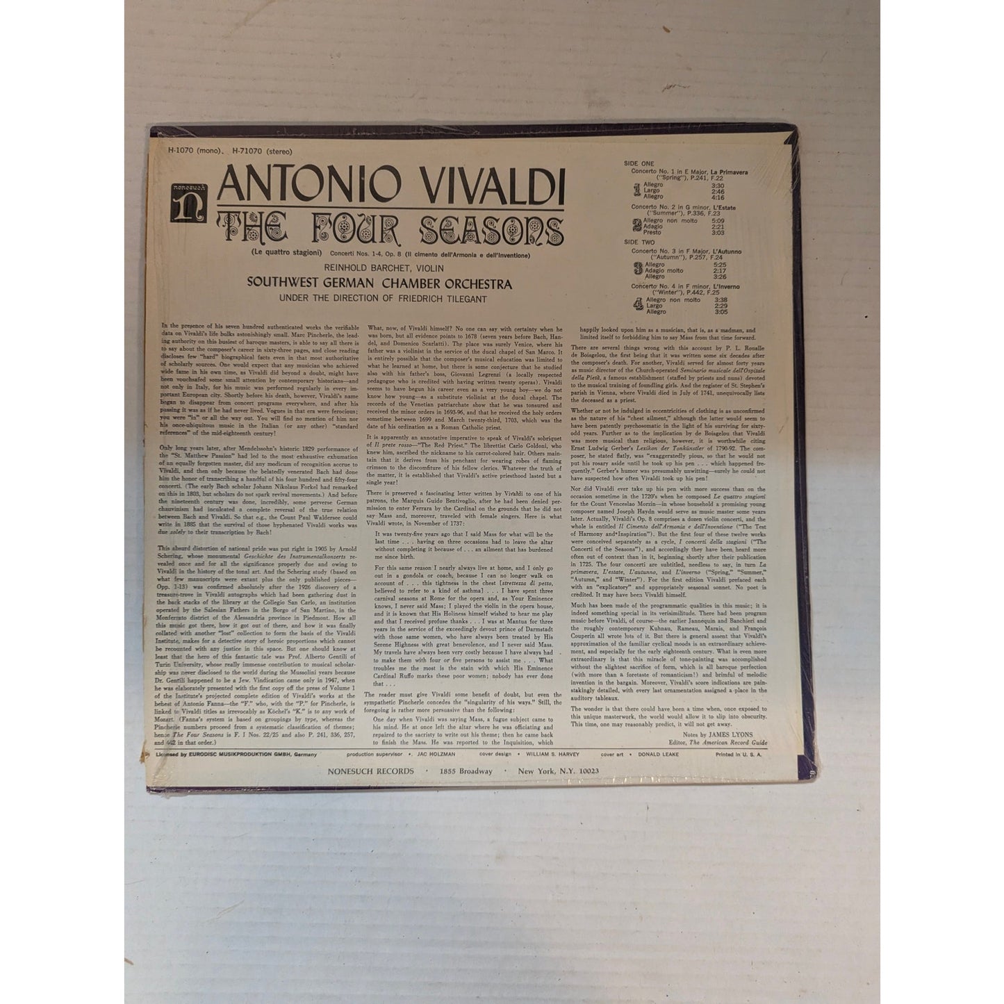 Vintage Vivaldi The Four Seasons Musical Heritage Society MHS 577 Vinyl LP