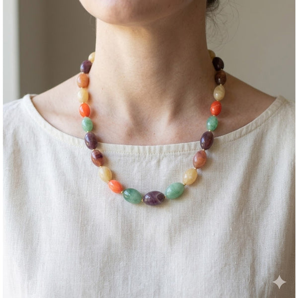 Vintage Multicolor Quartz Chunky Bead Statement Necklace Heavy Tumble Stone 80s