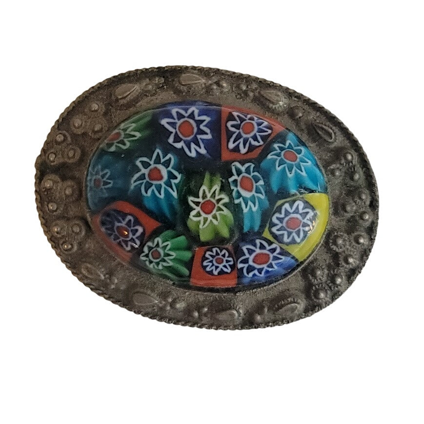 Vintage mini millefiori glass silverplate Lined metal trinket stash pill box 2"