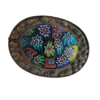 Vintage mini millefiori glass silverplate Lined metal trinket stash pill box 2"
