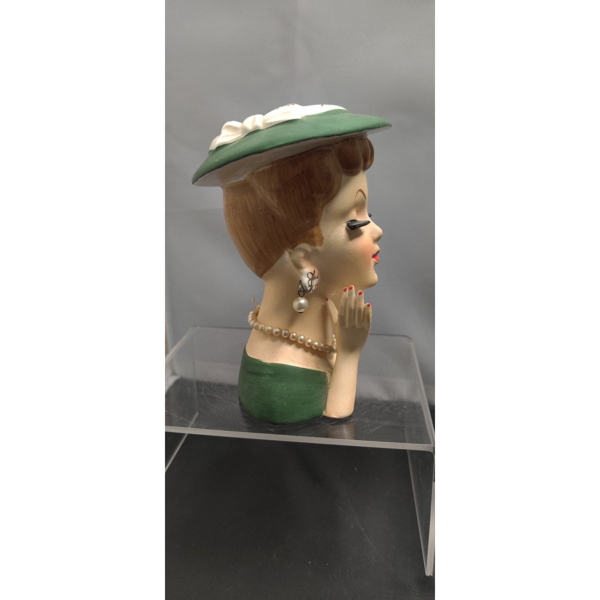 Vintage 1950s Redhead Lady Head Vase Planter Green Hat Collectible Kitsch