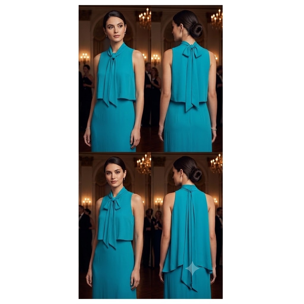 Halston Heritage Turquoise Blue Sleeveless Layered Tie-Neck Maxi Gown Dress 16