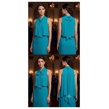 Halston Heritage Turquoise Blue Sleeveless Layered Tie-Neck Maxi Gown Dress 16