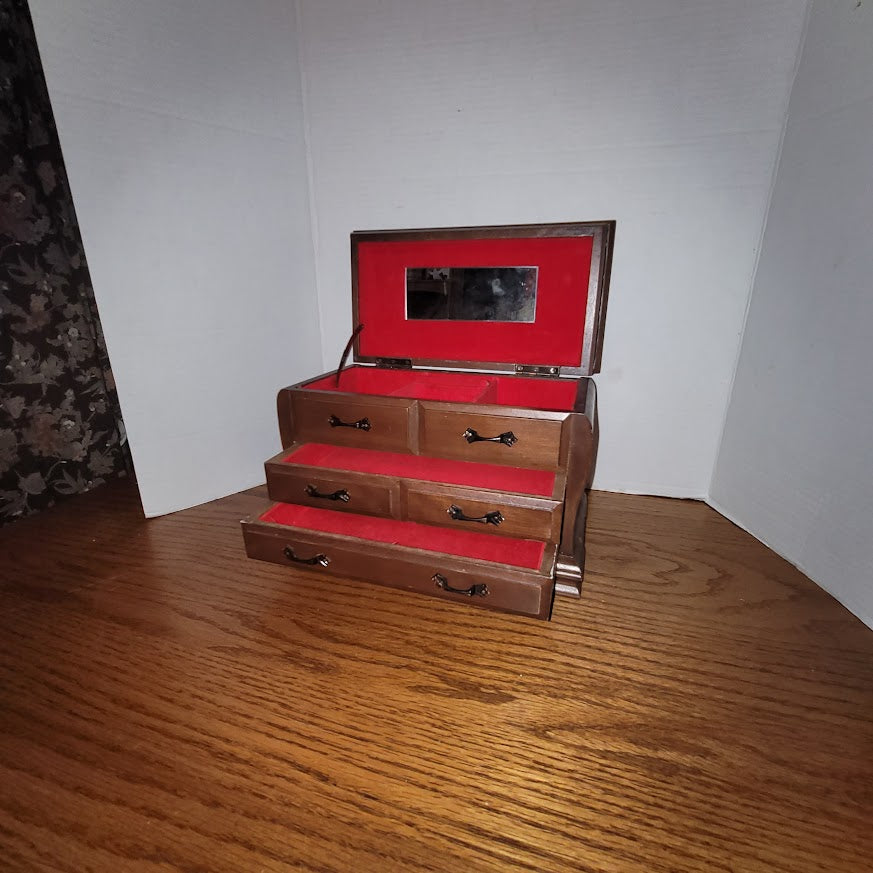 Vintage Wooden Jewelry Box Chest With Red Velvet Interior Multi-Drawer Storage