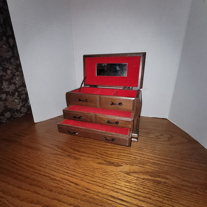 Vintage Wooden Jewelry Box Chest With Red Velvet Interior Multi-Drawer Storage
