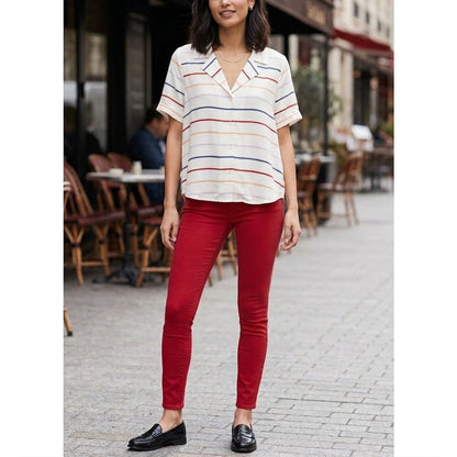 Copper Key Striped Camp Collar Blouse Women XS Ivory Multicolor Short Sleeve Top