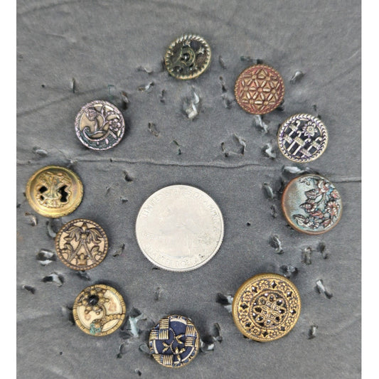 LOT II of 10 Antique Vintage Victorian Brass Mixed Materials Buttons ESTATE FIND