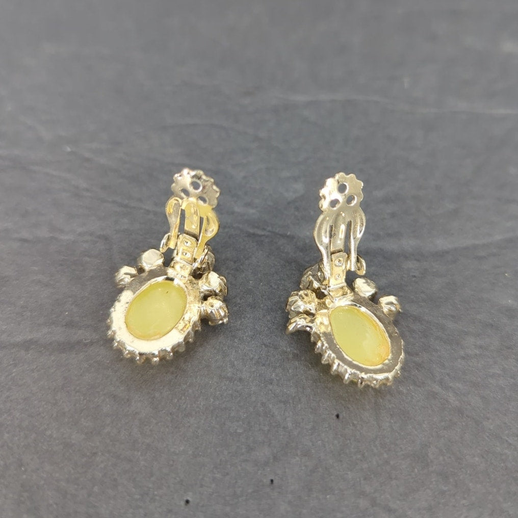 Vintage Yellow Oval Rhinestone Halo Dangle Drop Clip On Earrings