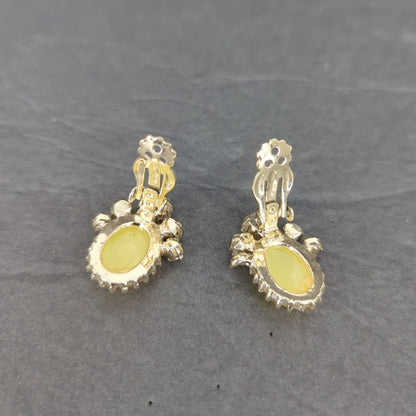 Vintage Yellow Oval Rhinestone Halo Dangle Drop Clip On Earrings