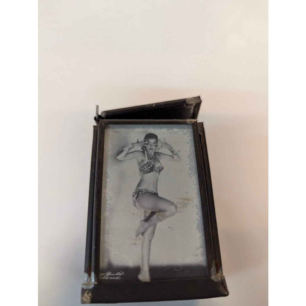 Vintage Risque Pinup Girl Metal Glass Trinket Box Boudoir Art Deco Novelty Retro