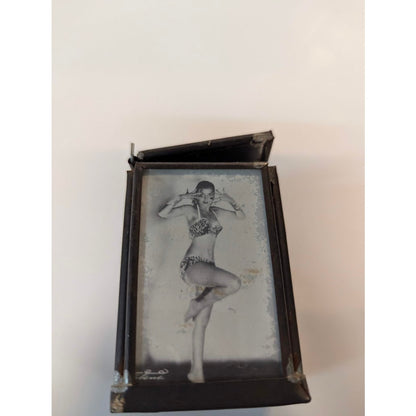 Vintage Risque Pinup Girl Metal Glass Trinket Box Boudoir Art Deco Novelty Retro