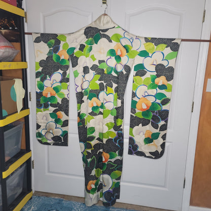 Vintage Silk Furisode (long sleeve) Kimono Robe Black Green White Orange Floral